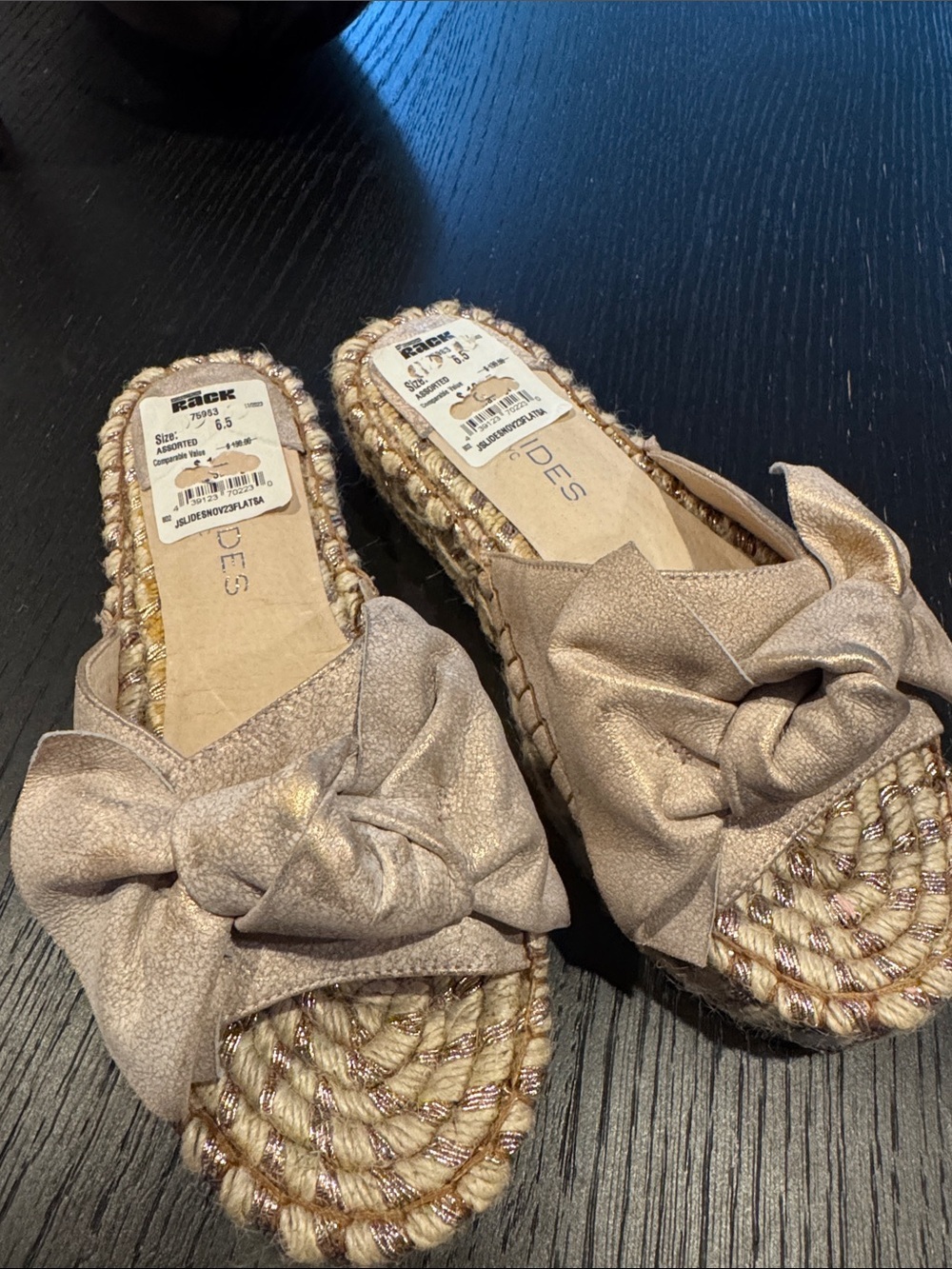 J Slides Ritsy sparkle rose gold leather bow espadrille platform sandal. Sz 6.5
